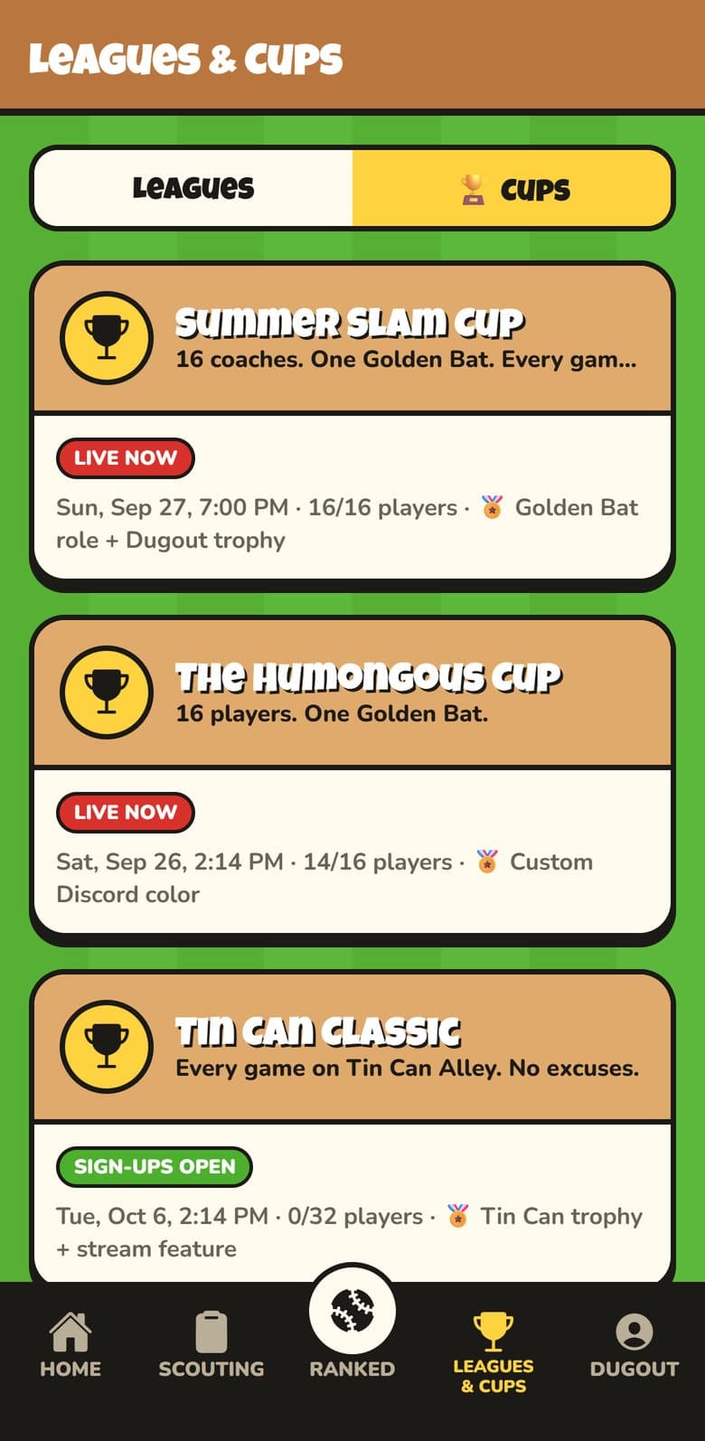 The app: Leagues & Cups