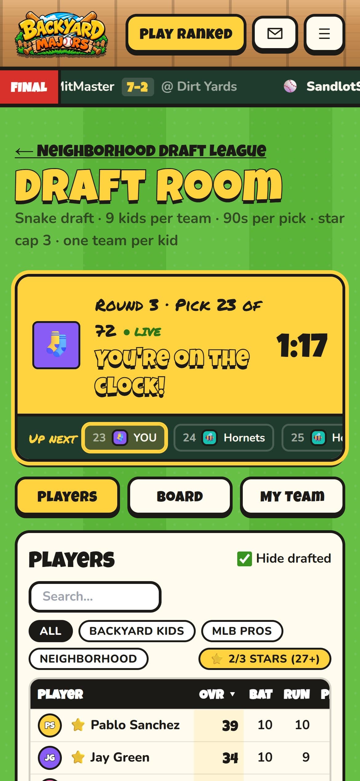 Draft room on a phone
